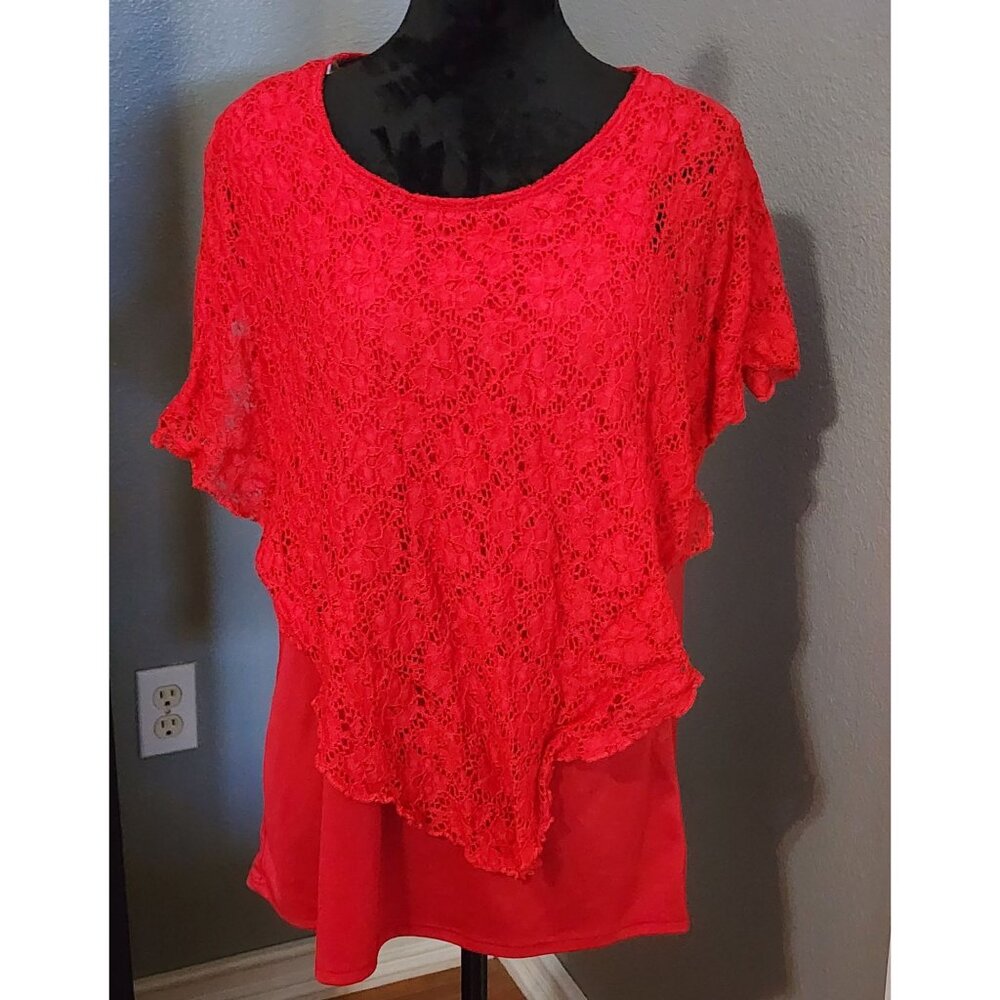 American City Wear Blouse Womens 1X Red Lace‎ Overlay Tunic Top Layered Chic